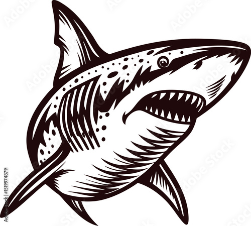 Engraved illustration of aggressive swimming shark open mouth aquatic predator isolated on white background