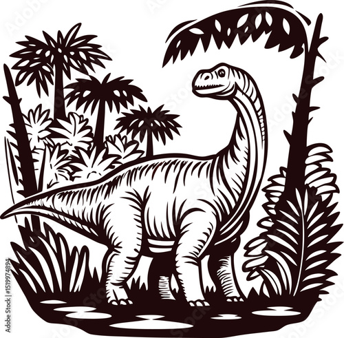 Engraved brachiosaurus dinosaur surrounded by prehistoric tropical plants and trees illustration