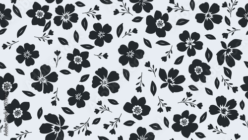 Seamless pattern with black flowers and leaves on light blue background. Peonies, wildflowers, hibiscus silhouette