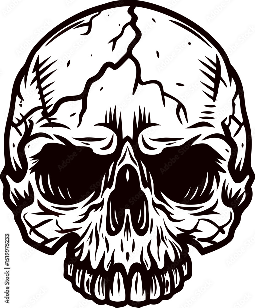 Fototapeta premium Cracked human skull illustration in vintage tattoo with dark hollow eyes and detailed bone texture