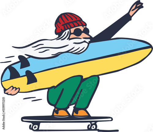 Stylish Senior Riding a Surfboard on a Skateboard