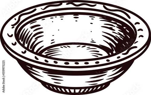 Hand drawn ceramic bowl illustration vintage engraved empty dish with decorative rim isolated on white background