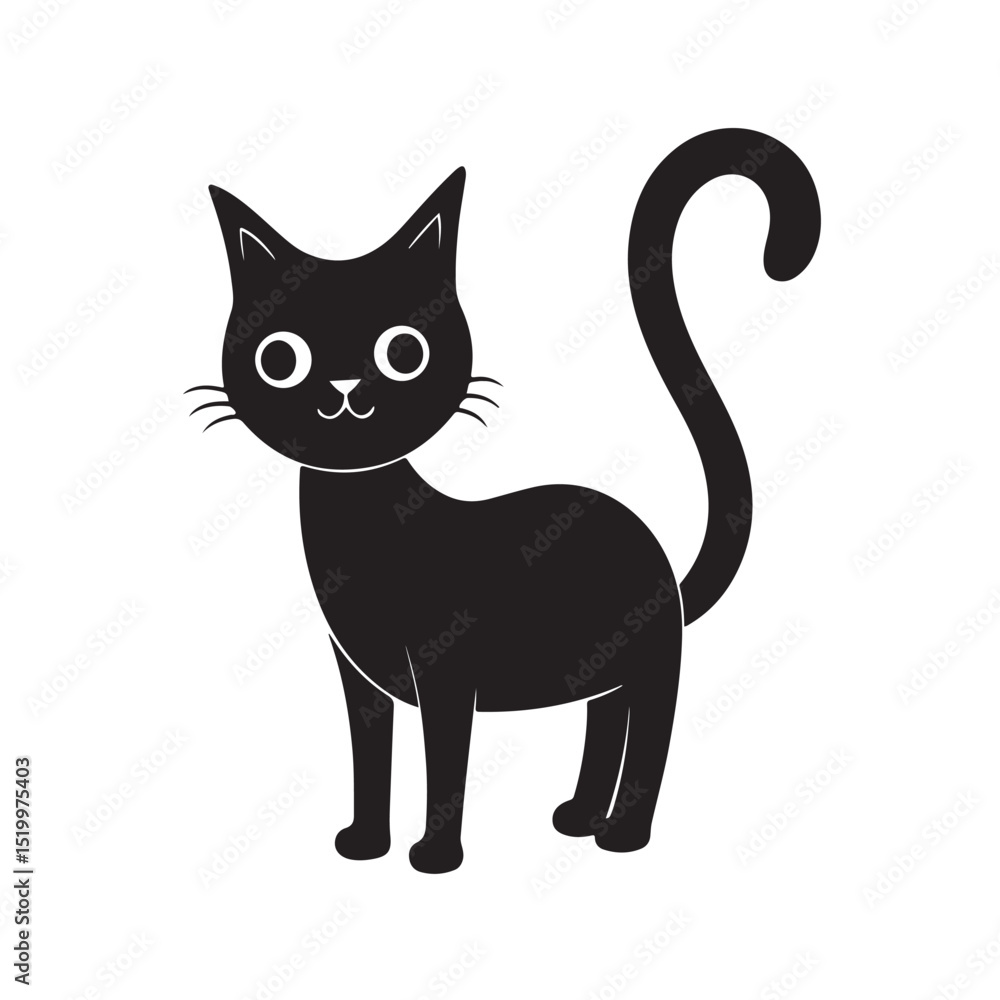 Cute Cartoon Black Cat Standing With Curly Tail and Smile Cute Cartoon Black Cat Standing With Curly Tail and Smile