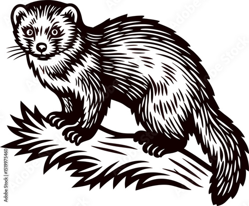 Woodcut of a ferret on a log with detailed fur texture and intricate lines