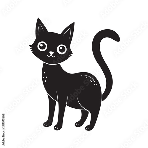 Adorable Black Cat with Big Eyes and Curved Tail Standing