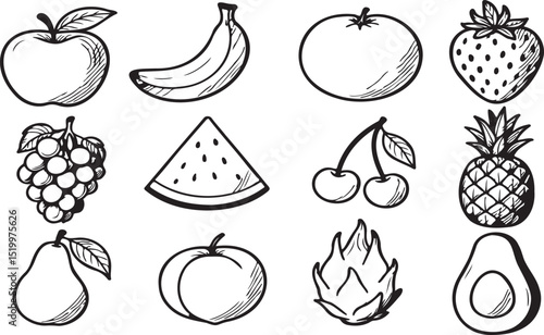 Hand-Drawn Fruit Collection Apples, Bananas, Strawberries, and More