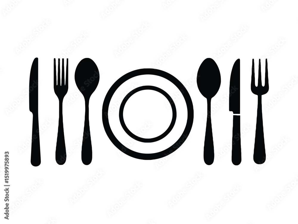 Black Silhouette Dinner Setting: Plate, Fork, Spoon, Knife Utensils Icon
Black Silhouette Dinner Setting: Plate, Fork, Spoon, Knife Utensils Icon