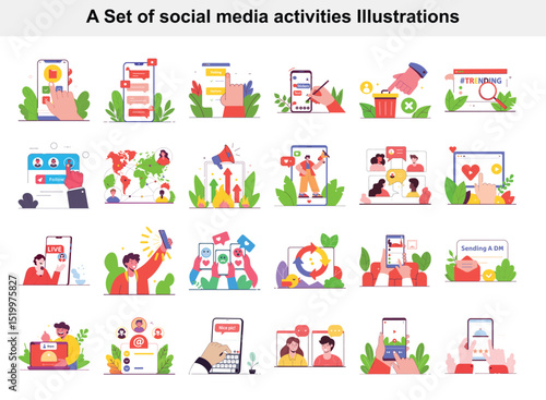 Social Media Activities Illustrations Online Communication, Networking, Sharing, and Connection Icons and Symbols