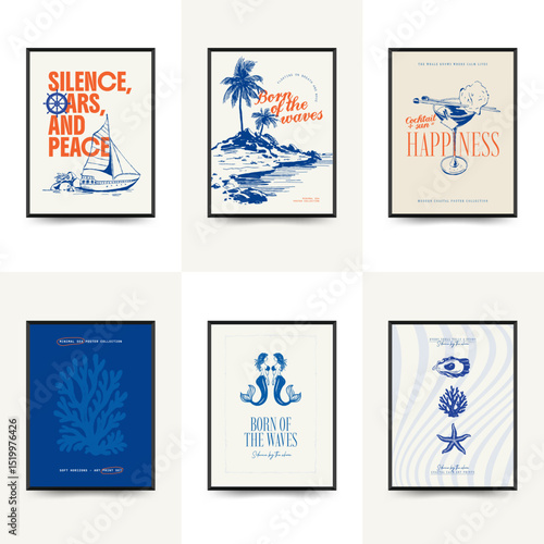 Abstract ocean and sea posters template. Modern sea Botanical trendy black style. Vintage seaweed, fish, shell. Ink wall art.