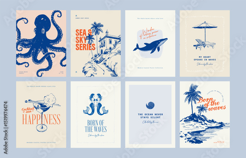 Abstract ocean and sea posters template. Modern sea Botanical trendy black style. Vintage seaweed, fish, shell. Ink wall art.