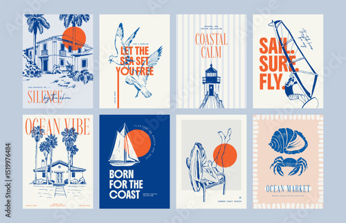 Abstract ocean and sea posters template. Modern sea Botanical trendy black style. Vintage seaweed, fish, shell. Ink wall art.