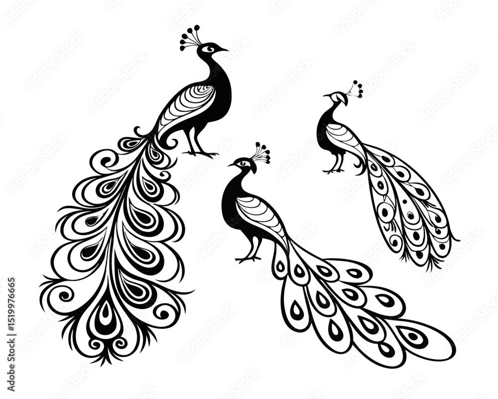 Fototapeta premium Three Elegant Stylized Peacocks in Black and White