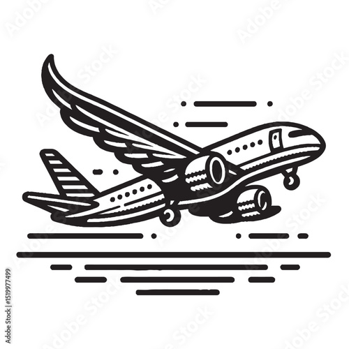 Airplane Silhouette Vector – Outline Style Aircraft Illustration Isolated on White Background

