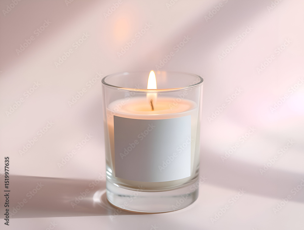 Cozy Cashmere colored lit candle in a clear glass with a white blank label, customizable label, mockup, product mockup. Cozy Cashmere colored lit candle in a clear glass with a white blank label, customizable label, mockup, product mockup.