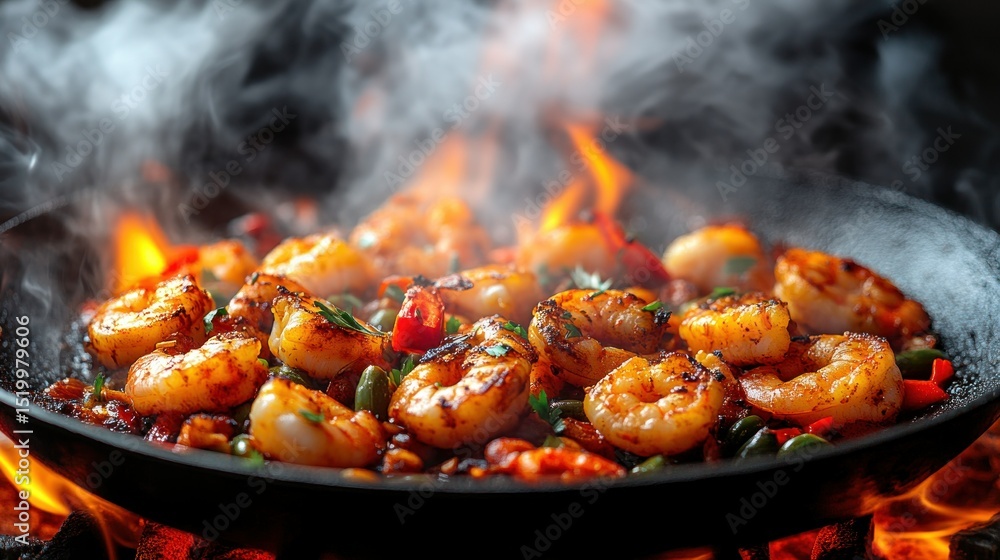 Spicy shrimp stir-fry sizzling in pan Spicy shrimp stir-fry sizzling in pan