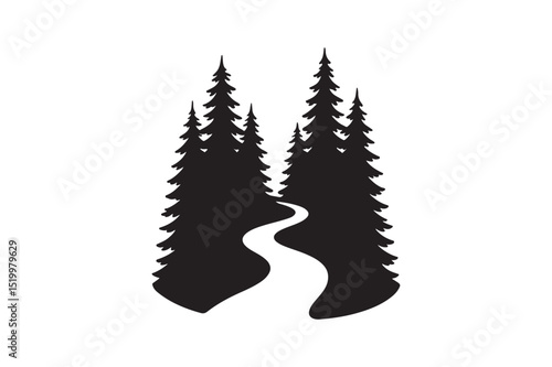 Forest trail silhouette vector art illustration on white background