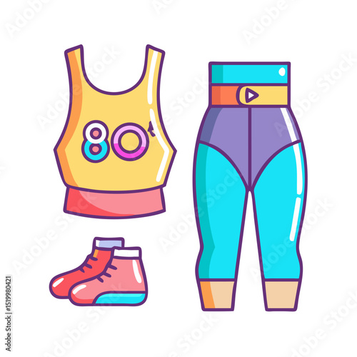 Retro 80s Aerobic Fitness Outfit Sporty Clothing and Shoes