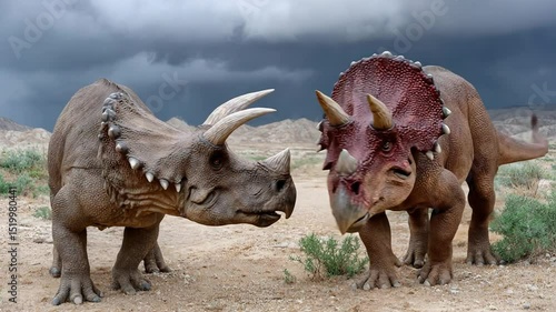 Two triceratops interacting under stormy skies in prehistoric desert landscape
