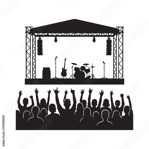 Outdoor concert stage silhouette vector art illustration on white background