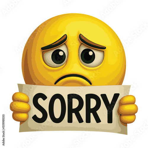 Happy yellow sad face say sorry vector icon with a cute, funny expression