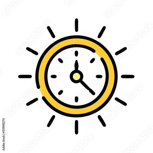 A bright yellow clock icon with radiating lines representing time management and scheduling
