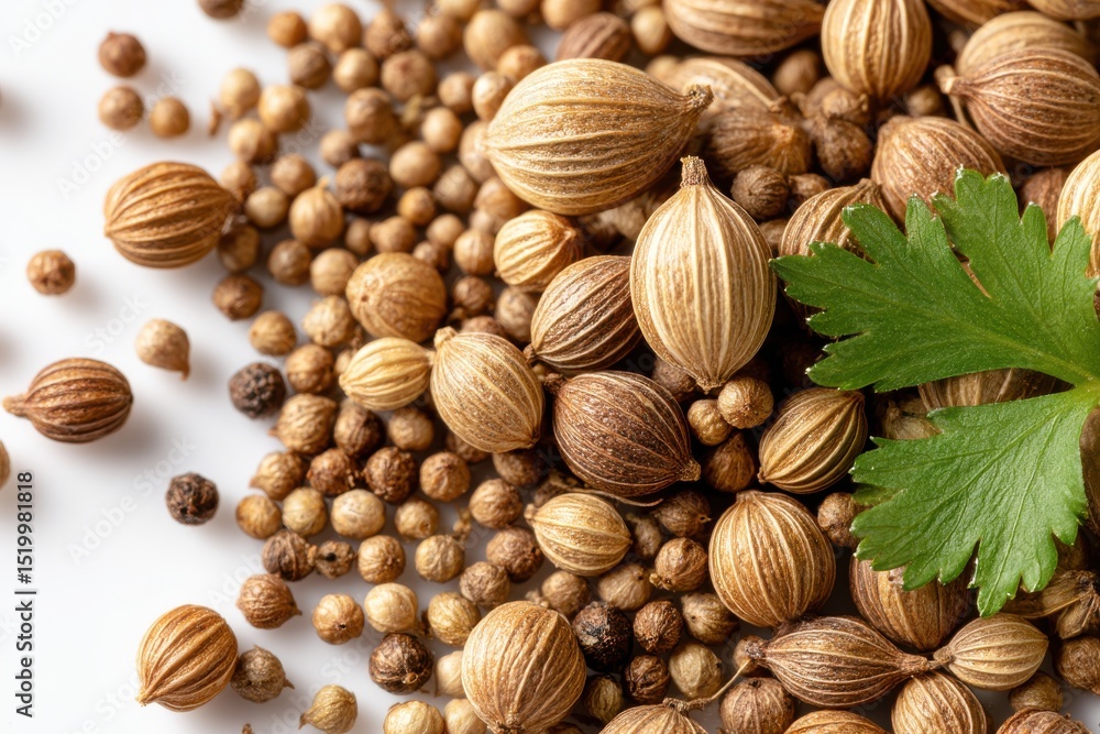 Macro shot showcasing coriander seeds and a parsley leaf, highlighting their texture and color, ideal for food-related content and healthy lifestyle visuals. Macro shot showcasing coriander seeds and a parsley leaf, highlighting their texture and color, ideal for food-related content and healthy lifestyle visuals.