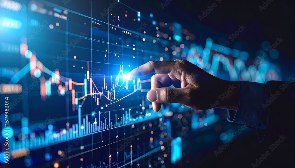 Fototapeta premium A 3D hand points to a glowing investment diagram, surrounded by virtual financial data and a metaverse trading interface