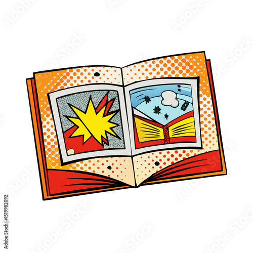 Open Comic Book Pages Showcasing Explosions and Dramatic Scenes in Pop Art Style