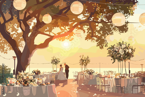 authentic wedding wonderful young couple with incredible scenery vector illustrations art.