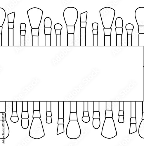 Makeup brushes Makeup tools seamless border horizontal frame template. Vector graphic line illustration. Black and white cosmetic makeup art. for package, cosmetic design, fabric and textile.