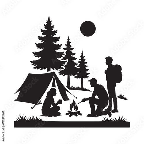 Tent campers silhouette vector art illustration on white background