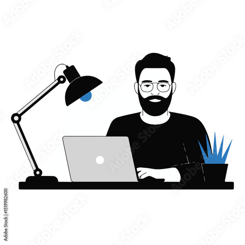 Smiling businessman hacker in a suit steals data from a laptop, illustrating cybercrime at the office
