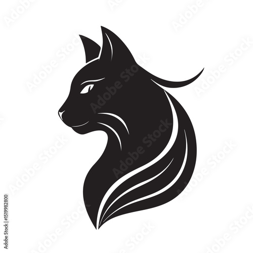 Stylized Black Cat Head Silhouette with Graceful Flowing Lines