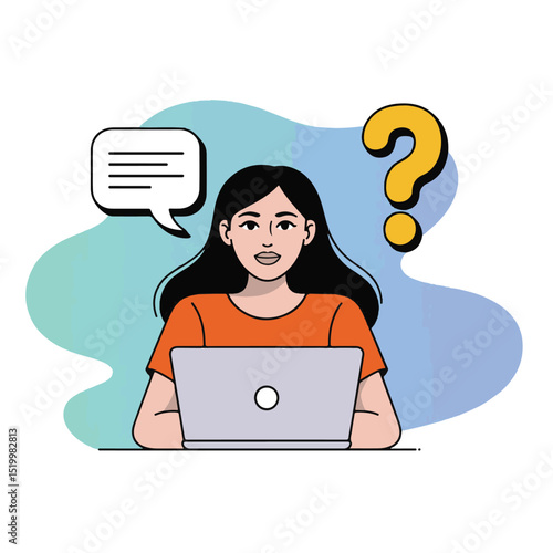 Smiling young woman works online with her laptop