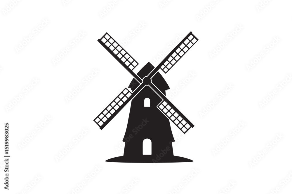Windmill silhouette vector art illustration on white background Windmill silhouette vector art illustration on white background