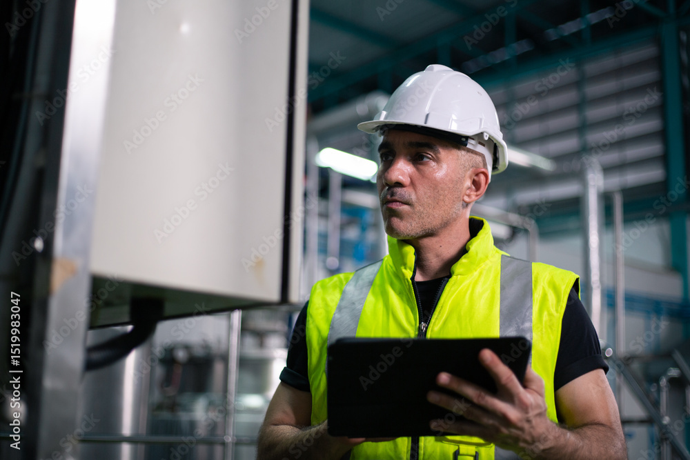 A male industrial engineer wearing a safety helmet and reflective vest is inspecting equipment in a factory. He is using a digital tablet to review data. Background show industrial pipes and machinery A male industrial engineer wearing a safety helmet and reflective vest is inspecting equipment in a factory. He is using a digital tablet to review data. Background show industrial pipes and machinery
