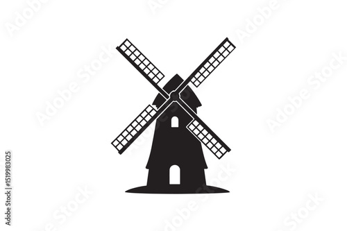 Windmill silhouette vector art illustration on white background