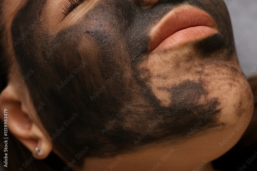 Obraz premium Extreme close-up of a woman’s face with a partially dried charcoal facial mask, revealing skin texture and areas where the mask has thinned.