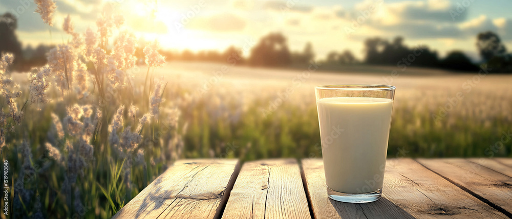Fototapeta premium Dairy products. Bottles of milk, cottage cheese, yogurt, various cheese, mozzarella, butter on wooden table on meadow with grazing cows background 