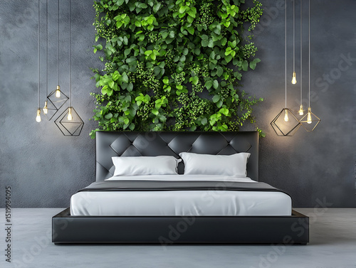 A contemporary bedroom with a black leather bed, geometric light fixtures, and a modern touch of greenery
