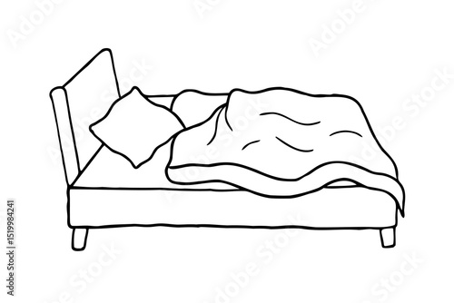 Simple lineart drawing of an unmade bed with pillow and blanket