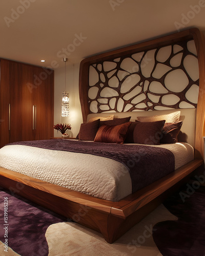 A contemporary bedroom with a custom bed frame, unique headboard design, and a mixture of bold and neutral accents