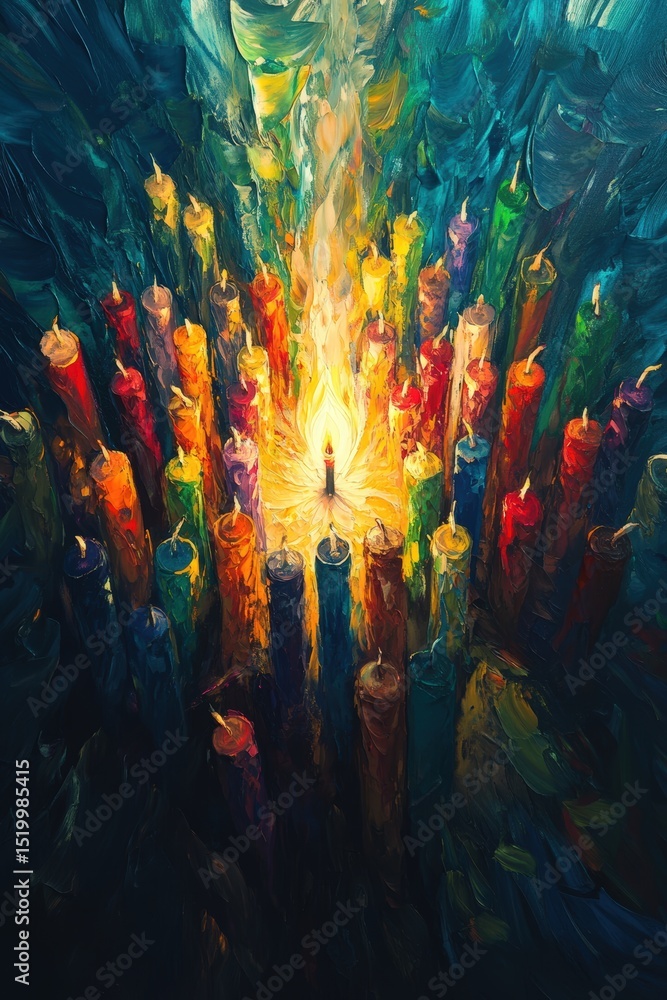 Fototapeta premium individuals from around the world, each holding a candle of different colors, standing in unity around a central flame