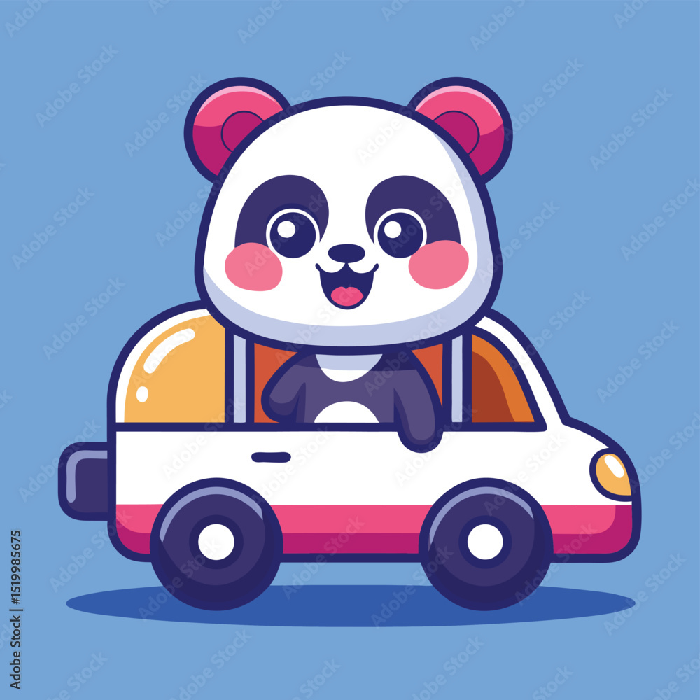 Fototapeta premium Cute Panda Riding Car Cartoon Vector Illustration – Animal and Transportation Icon in Flat Style 