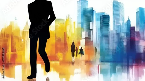 Urban Professionals: Silhouettes Marching Forward in a Vibrant Cityscape Artwork