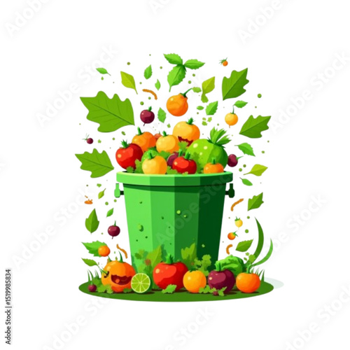 Green compost bin overflowing with fresh vegetables and herbs promoting sustainability