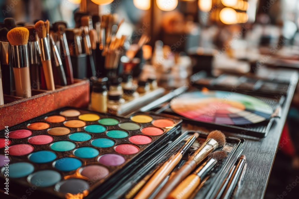 Assortment of makeup tools and palettes arranged on a table in a salon, offering a wide range of colorful options and various brushes for cosmetic application. Assortment of makeup tools and palettes arranged on a table in a salon, offering a wide range of colorful options and various brushes for cosmetic application.