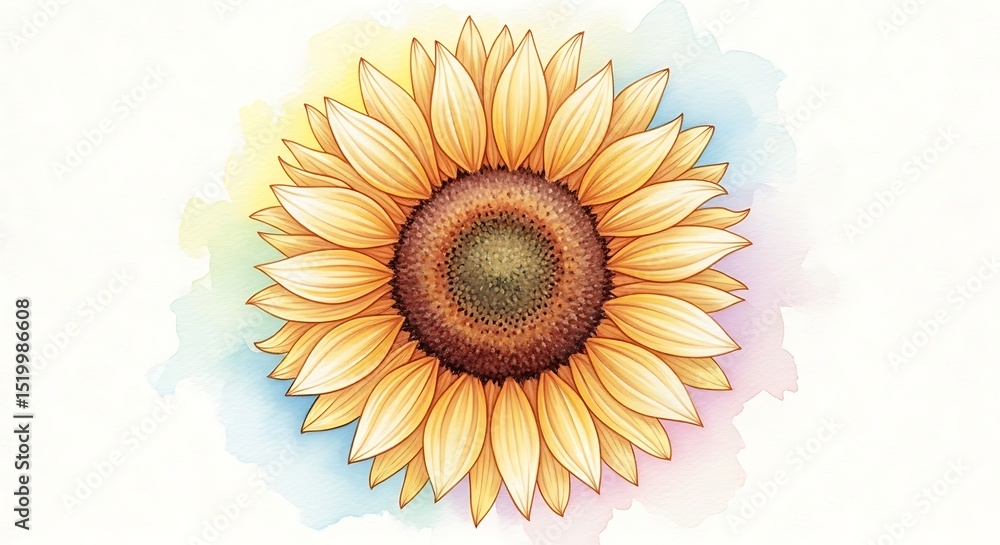 Fototapeta premium Watercolor Sunflower Portrait: Golden Petals Bloom in Pastel Hues, Fine-Art Detail, Vibrant Center, Botanical Illustration, Airy, Cheerful Floral Design