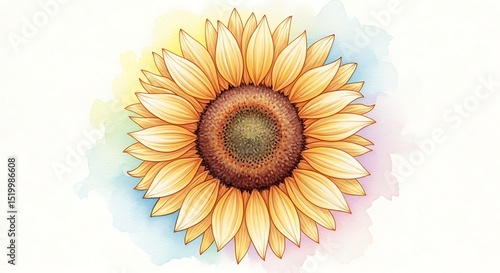 Watercolor Sunflower Portrait: Golden Petals Bloom in Pastel Hues, Fine-Art Detail, Vibrant Center, Botanical Illustration, Airy, Cheerful Floral Design