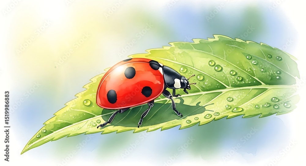 Fototapeta premium Ladybug Resting on Dewy Leaf: Watercolor Illustration, Bright Light, Close-Up, Peaceful Nature Scene with Vibrant Red Beetle and Green Leaf, Delicate Wash of Colors, Gentle Detail